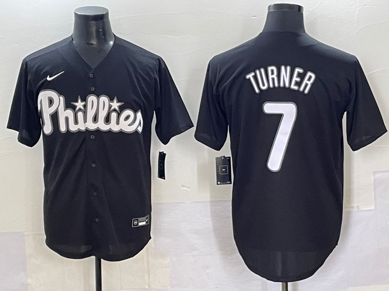 Men's Philadelphia Phillies Trea Turner #7 Black Lights Out Jersey